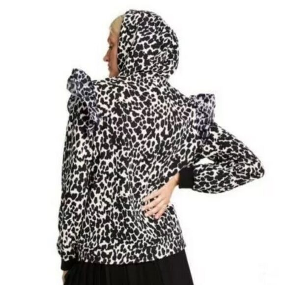 Sandy Liang Target Ditsy Hooded Sweatshirt Pullover Spotted Leopard Ruffle - Picture 3 of 5